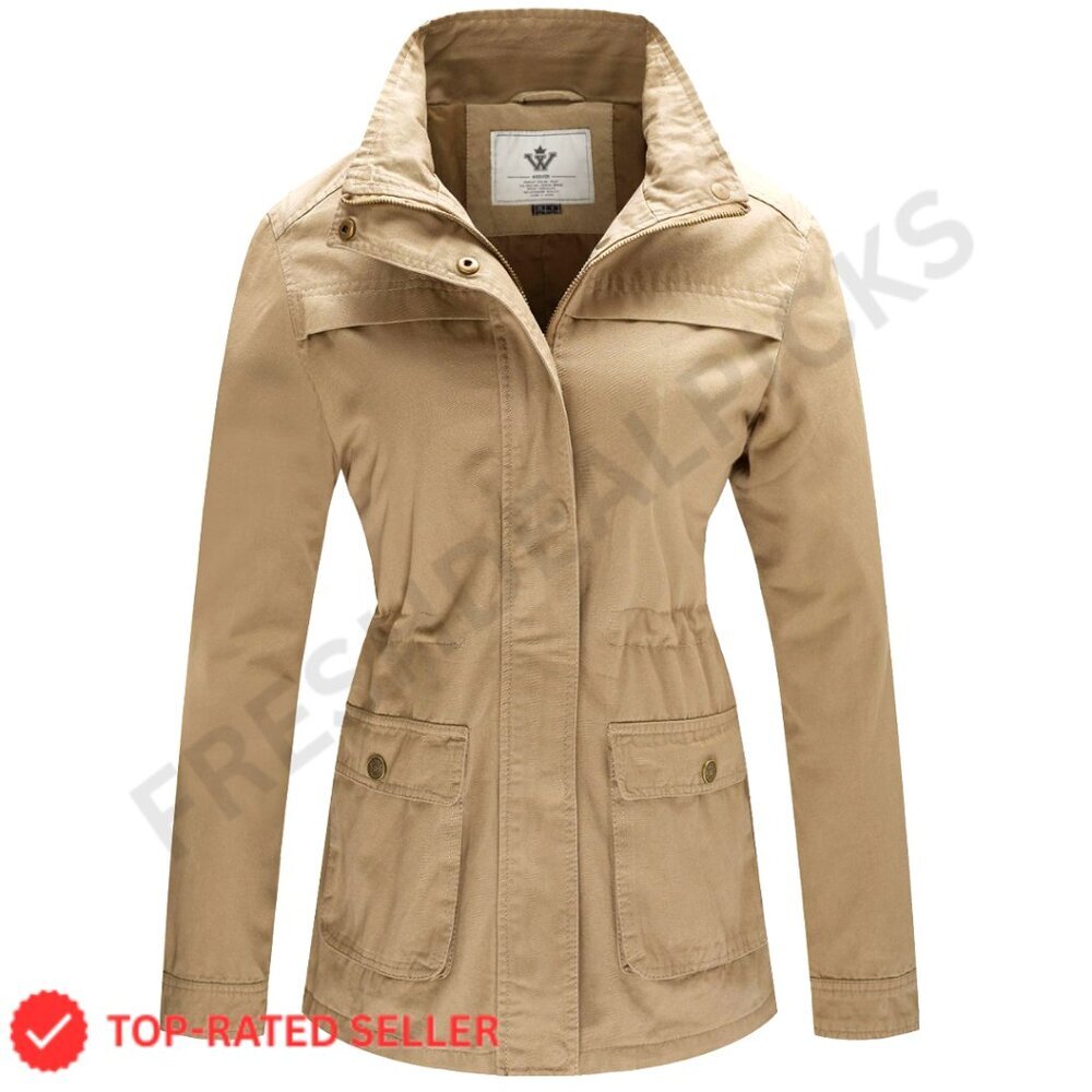 Women's Casual Military Jacket Cotton Stand Collar Utility Anorak Coat Slim Fit